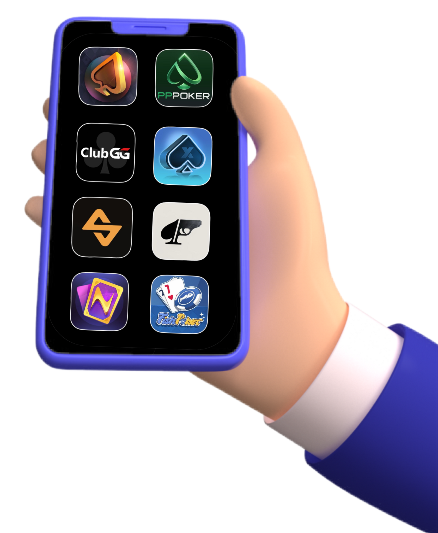Hand holding a smartphone displaying online poker apps like PokerBros, PPPoker, ClubGG, Xpoker, and Suprema – join exciting poker clubs and play now!